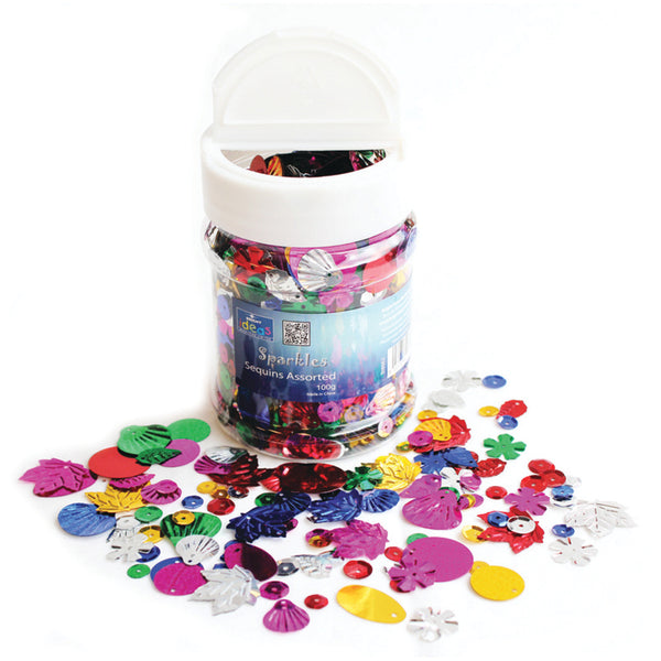 SEQUINS, Assorted Shapes, Colours and Sizes, Brights, Tub of, 100g