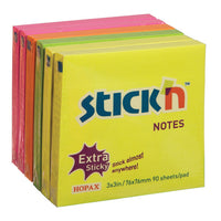REPOSITIONABLE NOTES, STICK 'N EXTRA STICKY, Neon Assorted, 76 x 76mm, Pack of 6