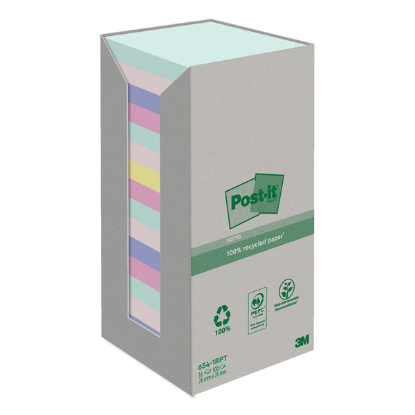 REPOSITIONABLE NOTES, POST-IT® RECYCLED NOTES, POST-IT RECYCLED NOTES, Towers, Rainbow Pastel, 76 x 76mm, Pack of 16