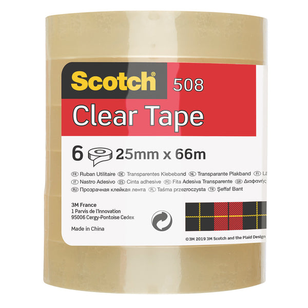 3M SCOTCH CLEAR TAPE, Large Core Rolls, 25mm x 66m, Pack of 6