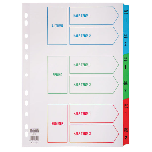 MULTI-PUNCHED TABBED DIVIDERS, CARD, PRINTED POSITION & COLOURED TABS, School Terms, White, (A4) 223x297mm, Set of, 6
