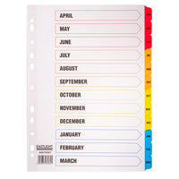 MULTI-PUNCHED TABBED DIVIDERS, CARD, PRINTED POSITION & COLOURED TABS, Fiscal Year, White, (A4) 223x297mm, Set of, 12