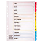 MULTI-PUNCHED TABBED DIVIDERS, CARD, PRINTED POSITION & COLOURED TABS, Fiscal Year, White, (A4) 223x297mm, Box of 20 sets of, 12
