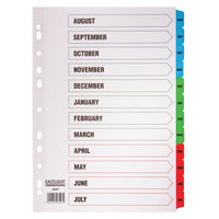MULTI-PUNCHED TABBED DIVIDERS, CARD, PRINTED POSITION & COLOURED TABS, Academic Year, White, (A4) 223x297mm, Set of, 12