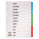 MULTI-PUNCHED TABBED DIVIDERS, CARD, PRINTED POSITION & COLOURED TABS, Academic Year, White, (A4) 223x297mm, Box of 10 sets of, 12