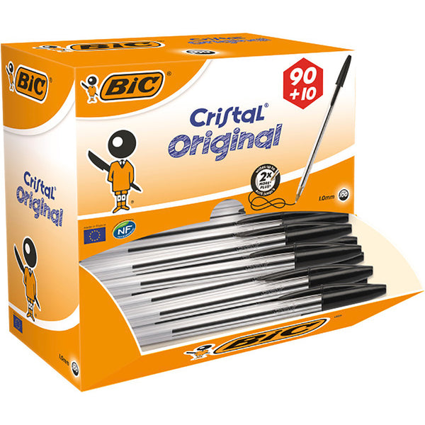 Ballpoint Pens, STANDARD BARREL - MEDIUM TIP, BiC Cristal Original Medium, Black, Box of 100