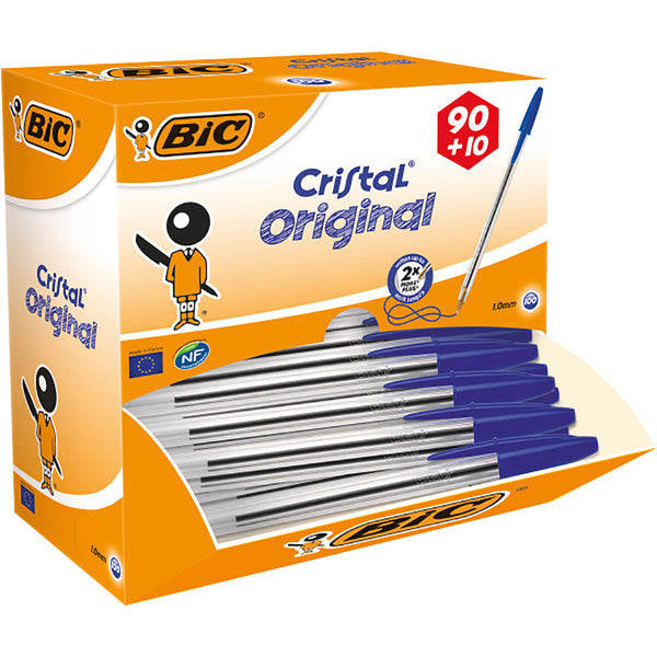 Ballpoint Pens, STANDARD BARREL - MEDIUM TIP, BiC Cristal Original Medium, Blue, Box of 100