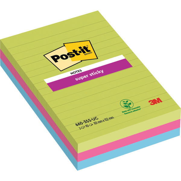 REPOSITIONABLE NOTES, POST-IT SUPER STICKY LARGE FORMAT NOTES, Ultra Colours Lined XXL, 152 x 101mm, Pack of 3