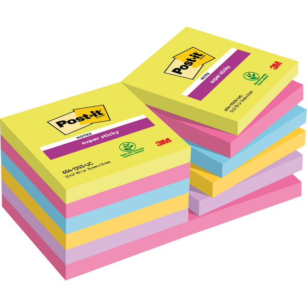 REPOSITIONABLE NOTES, POST-IT SUPER STICKY COLOUR NOTES, Ultra Colours, 76 x 76mm, Pack of 12
