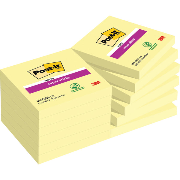REPOSITIONABLE NOTES, POST-IT SUPER STICKY COLOUR NOTES, Canary Yellow Square, 76 x 76mm, Pack of 12
