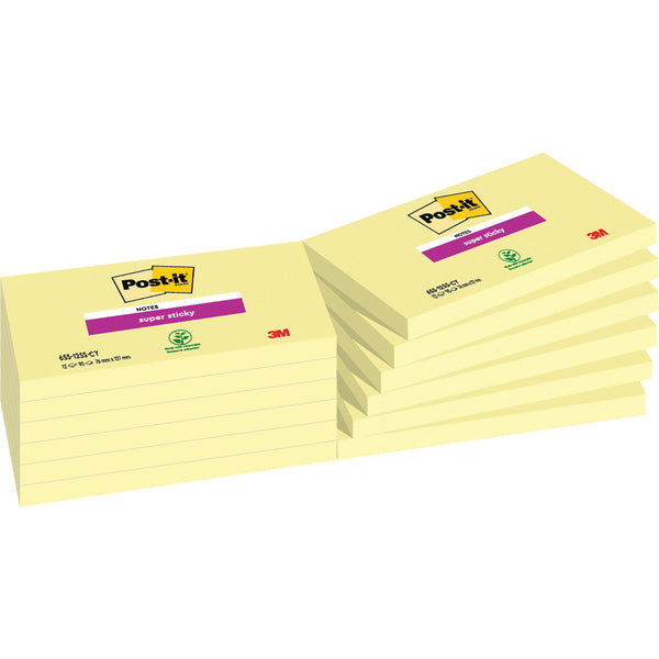 REPOSITIONABLE NOTES, POST-IT SUPER STICKY COLOUR NOTES, Canary Yellow Rectangular, 76 x 127mm, Pack of 12