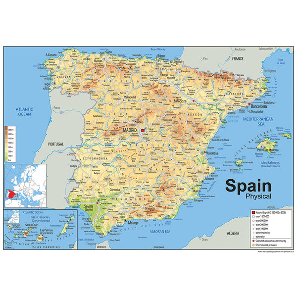 LAMINATED MAPS, Physical Spain, 841 x 594mm, Each