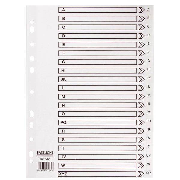 MULTI-PUNCHED TABBED DIVIDERS FOR BINDERS AND FILES, CARD, PRINTED POSITION TABS, A-Z Indexed, White, (A4) 223 x 297mm, 10 x Set of, 20