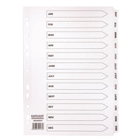 MULTI-PUNCHED TABBED DIVIDERS FOR BINDERS AND FILES, CARD, PRINTED POSITION TABS, Months (Jan-Dec), White, (A4) 223 x 297mm, 20 x Set of, 12