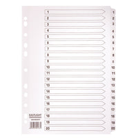 MULTI-PUNCHED TABBED DIVIDERS FOR BINDERS AND FILES, CARD, PRINTED POSITION TABS, Numbered 1-20, White, (A4) 223 x 297mm, 10 x Set of, 20