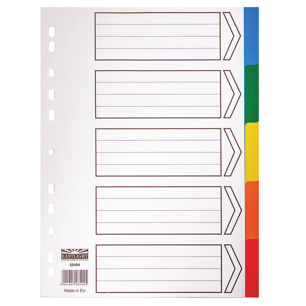 MULTI-PUNCHED TABBED DIVIDERS FOR BINDERS AND FILES, POLYPROPYLENE, COLOURED TABS, 5 Positions, Assorted Colours, (A4) 223 x 297mm, 25 x Set of, 5