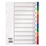 MULTI-PUNCHED TABBED DIVIDERS FOR BINDERS AND FILES, POLYPROPYLENE, COLOURED TABS, 10 Positions, Assorted Colours, (A4) 223 x 297mm, 25 x Set of, 10