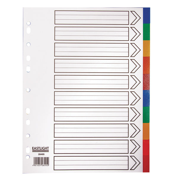 MULTI-PUNCHED TABBED DIVIDERS FOR BINDERS AND FILES, POLYPROPYLENE, COLOURED TABS, 10 Positions, Assorted Colours, (A4) 223 x 297mm, 25 x Set of, 10