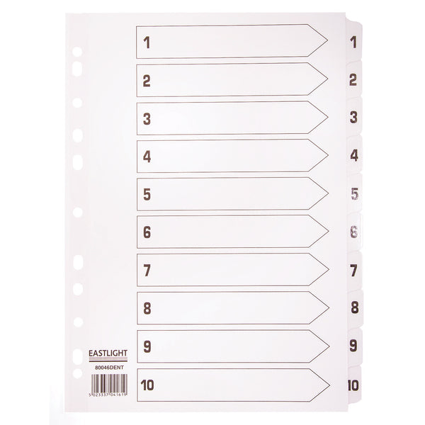 MULTI-PUNCHED TABBED DIVIDERS FOR BINDERS AND FILES, CARD, PRINTED POSITION TABS, Numbered 1-10, White, (A4) 223 x 297mm, 20 x Set of, 10