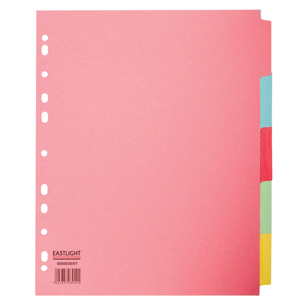 MULTI-PUNCHED TABBED DIVIDERS FOR BINDERS AND FILES, CARD, COLOURED TABS, 5 Positions, Pastel Colours, (A4) 223 x 297mm, Box of, 100 sets of 5