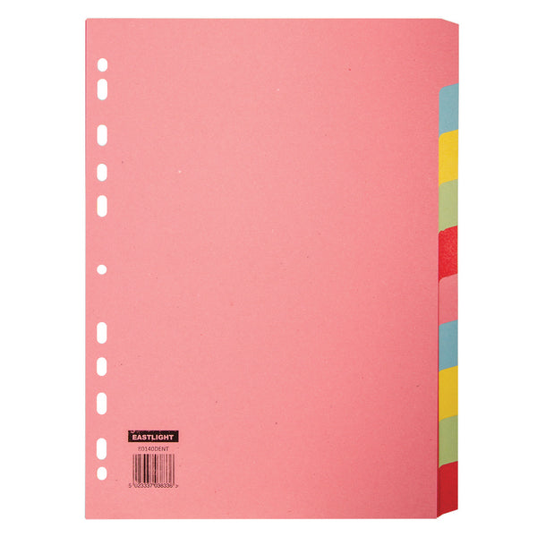 MULTI-PUNCHED TABBED DIVIDERS FOR BINDERS AND FILES, CARD, COLOURED TABS, 10 Positions, Pastel Colours, (A4+) 245 x 297mm, Box of, 25 sets of 10