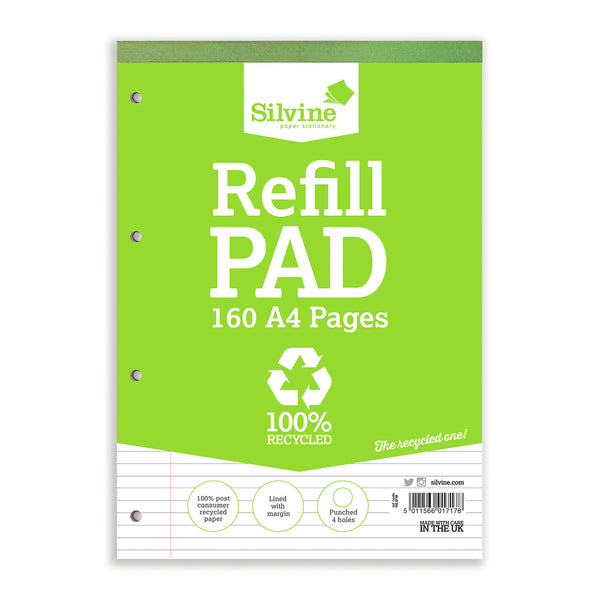 REFILL WRITING PADS, A4, RECYCLED REFILL PAD, A4, 160 pages (80 sheetse), bound at head, 8mm Ruled, Pack of, 6