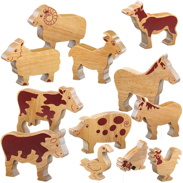 NATURAL WOODEN FARM ANIMALS, Age 12 months+, Set of, 12
