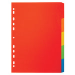MULTI-PUNCHED TABBED DIVIDERS FOR BINDERS AND FILES, CARD, COLOURED TABS, 5 Positions, Bright Colours, (A4) 224 x 297mm, Box of, 20 sets of 5