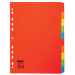 MULTI-PUNCHED TABBED DIVIDERS FOR BINDERS AND FILES, CARD, COLOURED TABS, 10 Positions, Bright Colours, (A4) 223 x 297mm, Box of, 10 sets of 10