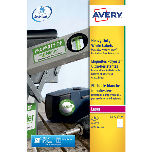 AVERY; RESISTANT LABELS L4775, 1 PER SHEET, Pack of 20