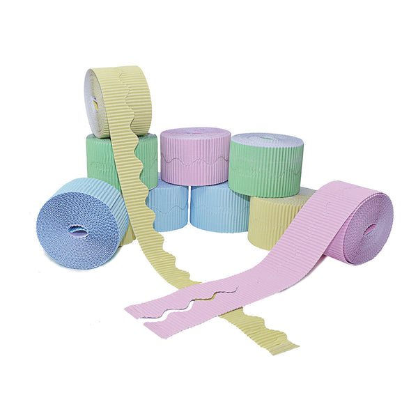 CORRUGATED PAPER BORDER ROLLS, Scalloped Cut Plains Assorted, Pastels, Pack of, 10 rolls