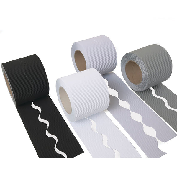 CORRUGATED PAPER BORDER ROLLS, Scalloped Cut Plains Assorted, Monochrome, Pack of, 4 rolls