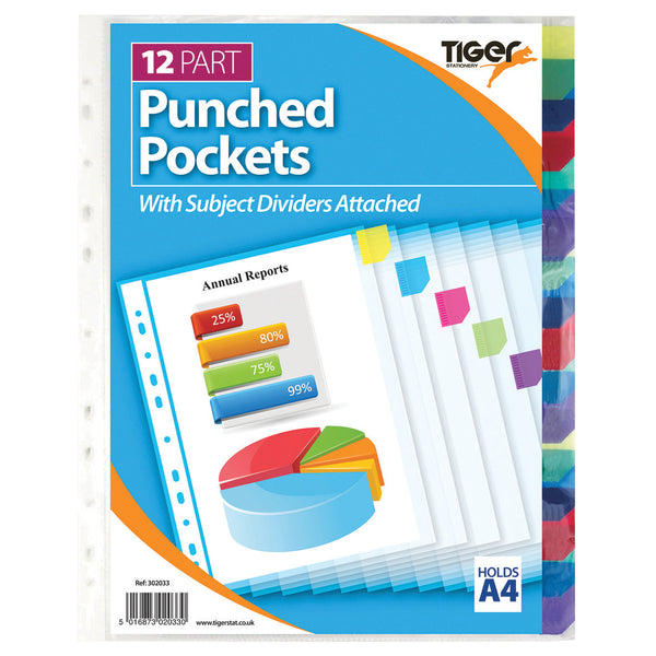 PUNCHED PRESENTATION POCKETS, CLEAR - POCKET DIVIDERS, A4 (85 Microns Thick), Set of 12