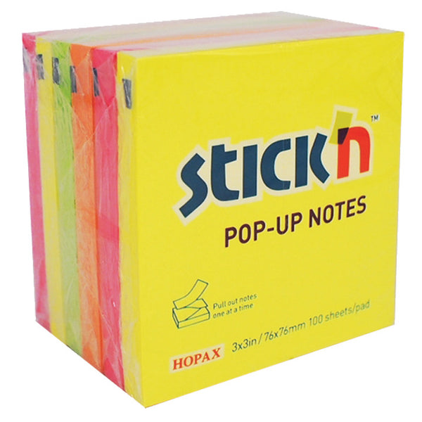 REPOSITIONABLE NOTES, STICK 'N POP-UP NOTES, Neon Rainbow, 76 x 76mm, Pack of 6
