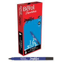 DRYWIPE PEN SLIMLINE BARRELS, BEROL DryWipe, Broad Tip, Black, Pack of 12