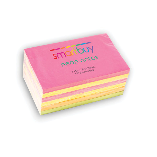 REPOSITIONABLE NOTES, Neon Assorted, 76 x 127mm, Pack of 6 pads