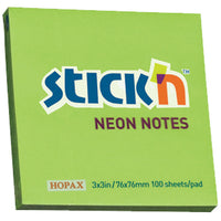 REPOSITIONAL NOTES, STICK 'N NOTES, Neon Green, 76 x 76mm, Pack of 6