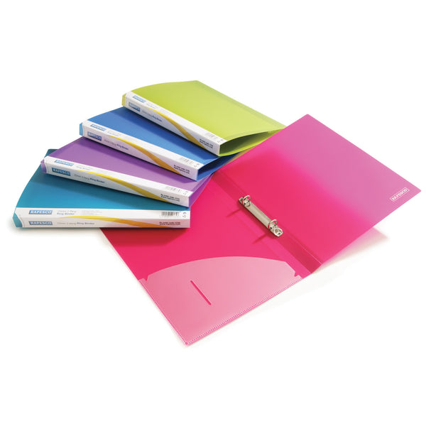 RING BINDERS, 2 RING ('O' Shaped), A4, FLEXIBLE POLYPROPYLENE, 25mm Capacity, Translucent, Bright Assorted, Box of, 10
