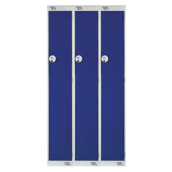 SINGLE COMPARTMENT LOCKERS WITH KEY LOCKS, 300 x 300 x 1800mm (w x d x h), Nest of 3 Lockers, Blue doors
