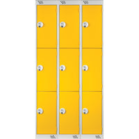 THREE COMPARTMENT LOCKERS WITH KEY LOCKS, 300 x 450 x 1800mm (w x d x h), Nest of 3 Lockers, Yellow doors