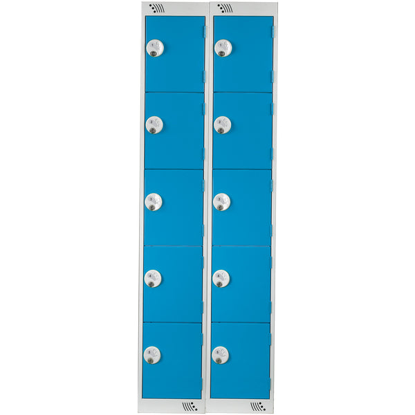 FIVE COMPARTMENT LOCKERS WITH KEY LOCKS, 300 x 300 x 1800mm (w x d x h), Nest of 2 Lockers, Blue doors