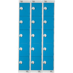 FIVE COMPARTMENT LOCKERS WITH KEY LOCKS, 300 x 300 x 1800mm (w x d x h), Nest of 3 Lockers, Blue doors