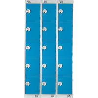 FIVE COMPARTMENT LOCKERS WITH KEY LOCKS, 300 x 300 x 1800mm (w x d x h), Nest of 3 Lockers, Blue doors