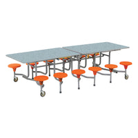 TABLE AND SEATING UNITS, 12 SEAT RECTANGULAR TABLES, 690mm height - Table Top Blue Silk, Purple Seats