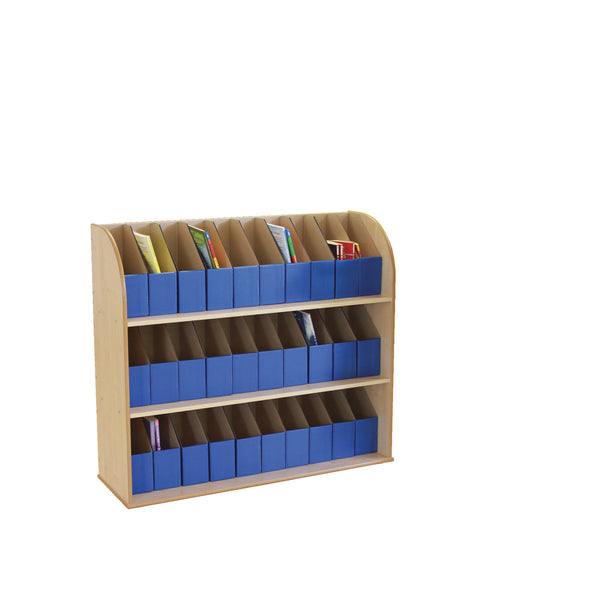 MAPLE EFFECT & PRIMARY COLOUR RANGE, A4 BOOKCASES, 3 Shelves, Blue boxes
