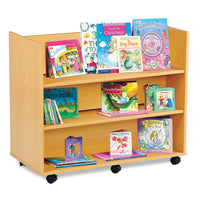 SMARTBUY, BOOK STORAGE, DOUBLE SIDED MOBILE BOOK STORAGE, 3 Straight Shelves one side, 3 Angled Shelves on Other Side, Beech