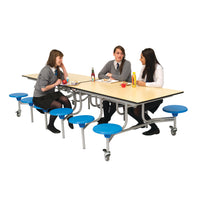 SPACERIGHT FOLDING DINING TABLES, RECTANGULAR MOBILE FOLDING TABLE SEATING UNITS, 8 Seat, 2380 x 685mm height, Maple Top, Red Seats