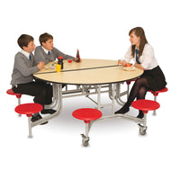 ROUND MOBILE FOLDING TABLE SEATING UNIT, 8 Seat, 685mm height, Grey Top, Red Seats