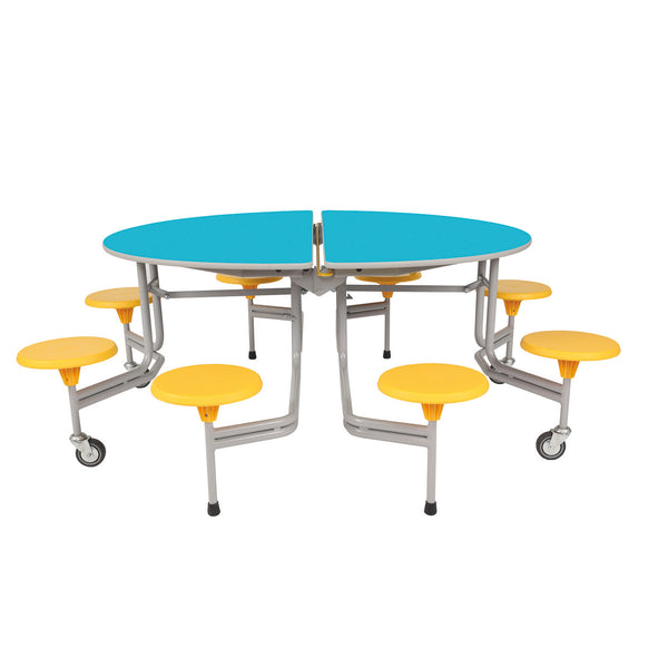 TABLE AND SEATING UNITS, 8 SEAT OVAL GRADUATE TABLE, Table Top Blue, Yellow Seats, 740mm height