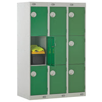 Three Quarter Height School Lockers, THREE QUARTER HEIGHT WITH KEY LOCK, THREE COMPARTMENT, Nest of 3 Lockers, Green doors